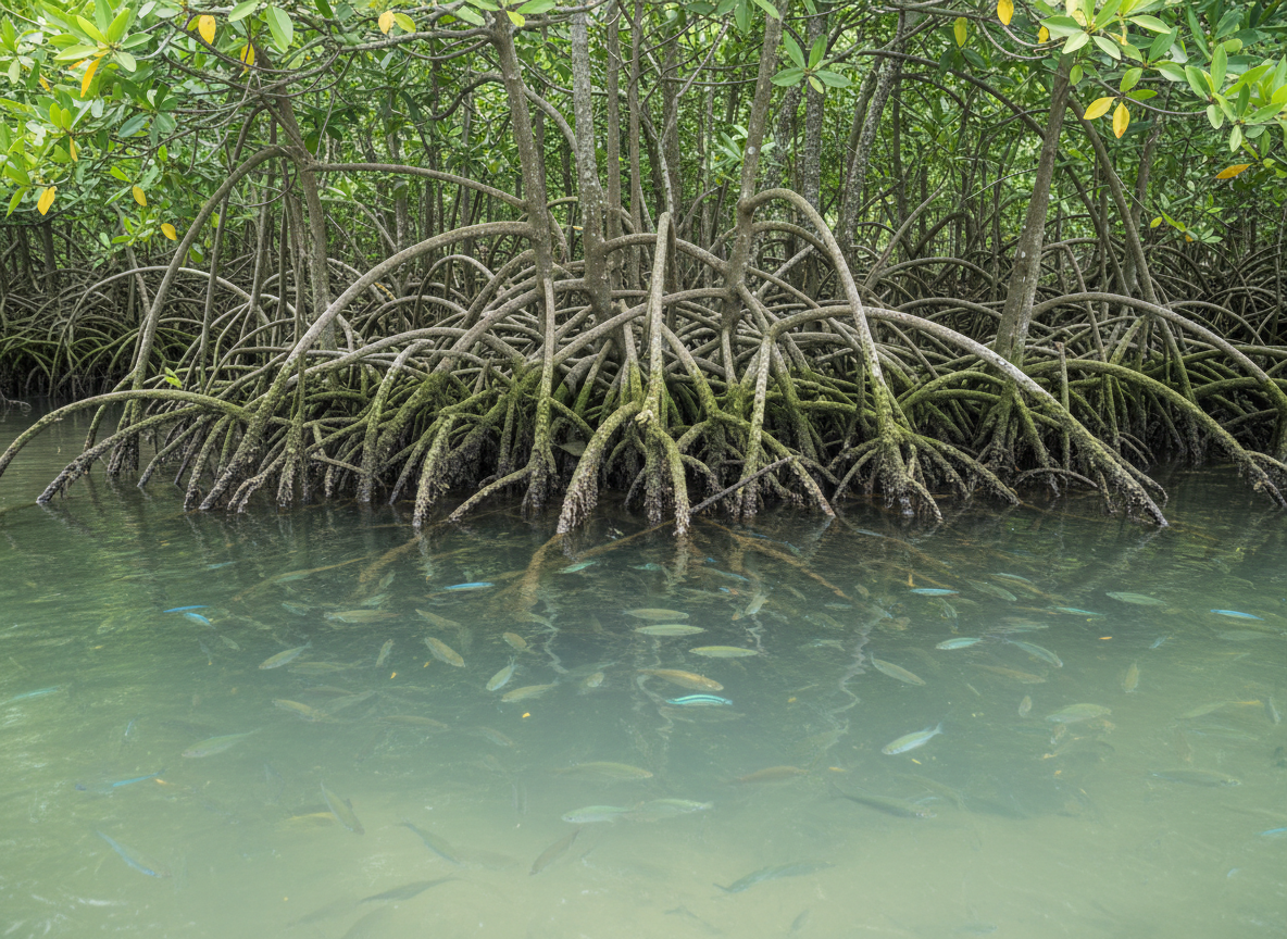 Tangled mangrove roots rising from a calm tidal estuary