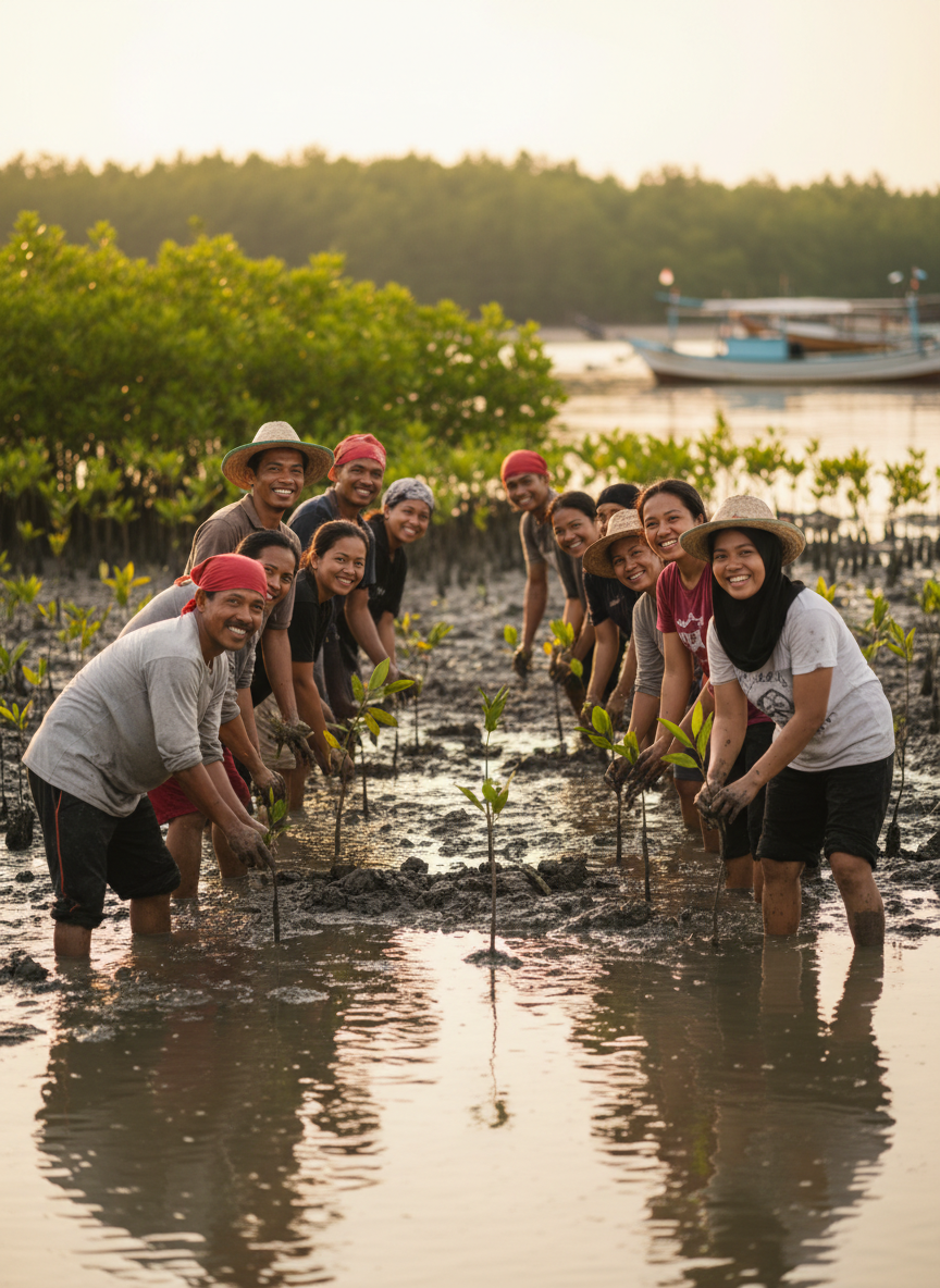 Villagers planting mangrove seedlings by the coast in Semarang